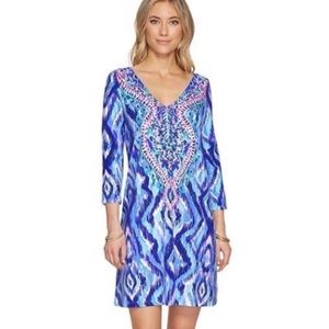 Lilly Pulitzer | Ophelia Dress Size Medium V-Neck Blue Swish Skipped A B…